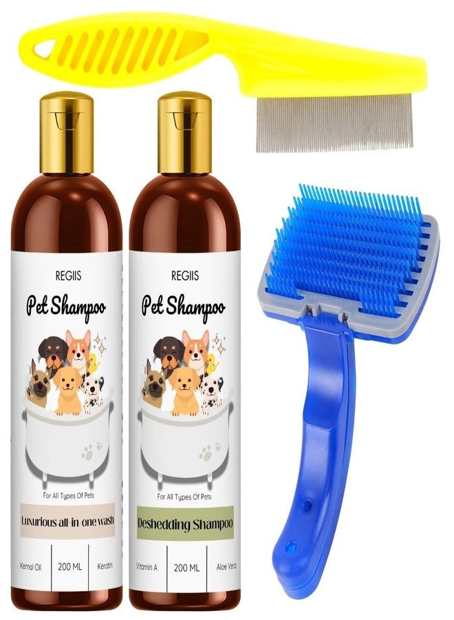 REGIIS Regis Pet Shampoo Set, All-in-One Wash and Deshedding Shampoo with Grooming Brushes, 200ml, 4-Piece Kit(Pack of 4) - Image 1